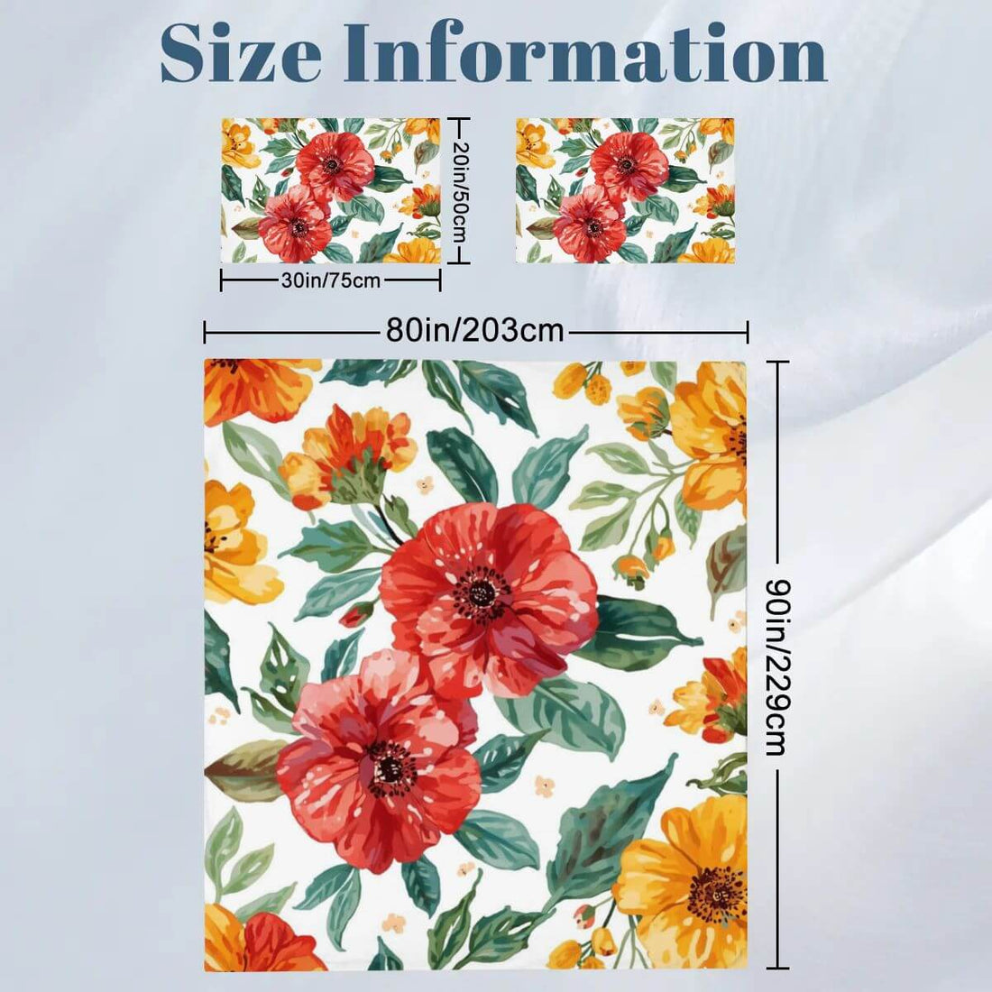 Größeninformationen für Komplettes Bettwäscheset mit Blumendruck, Bettbezug 80x90 Zoll und Kissenbezüge 30x20 Zoll.