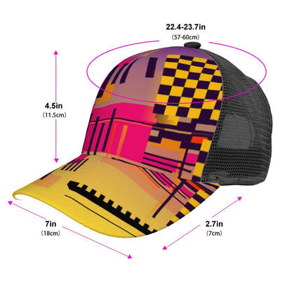 Baseballkappe mit Mesh-Einsatz mit buntem Grafikdesign, Polyester-Twill-Stoff, Sublimationsdruck, atmungsaktiver Gitterstoff hinten