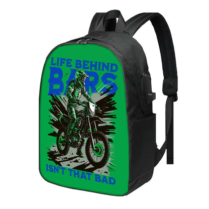 Motorrad-Themen-Rucksack mit "Life Behind Bars Isn&