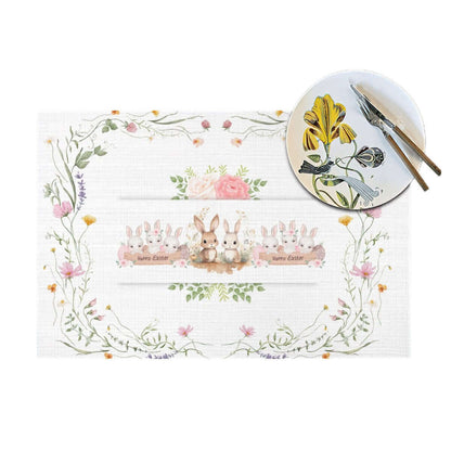 Tischset aus gewebtem PVC, dekoriert mit Blumendesign und Hasenmotiv, hitzebeständig bis 80°C, kratz- und fleckenresistent, rutschfest.