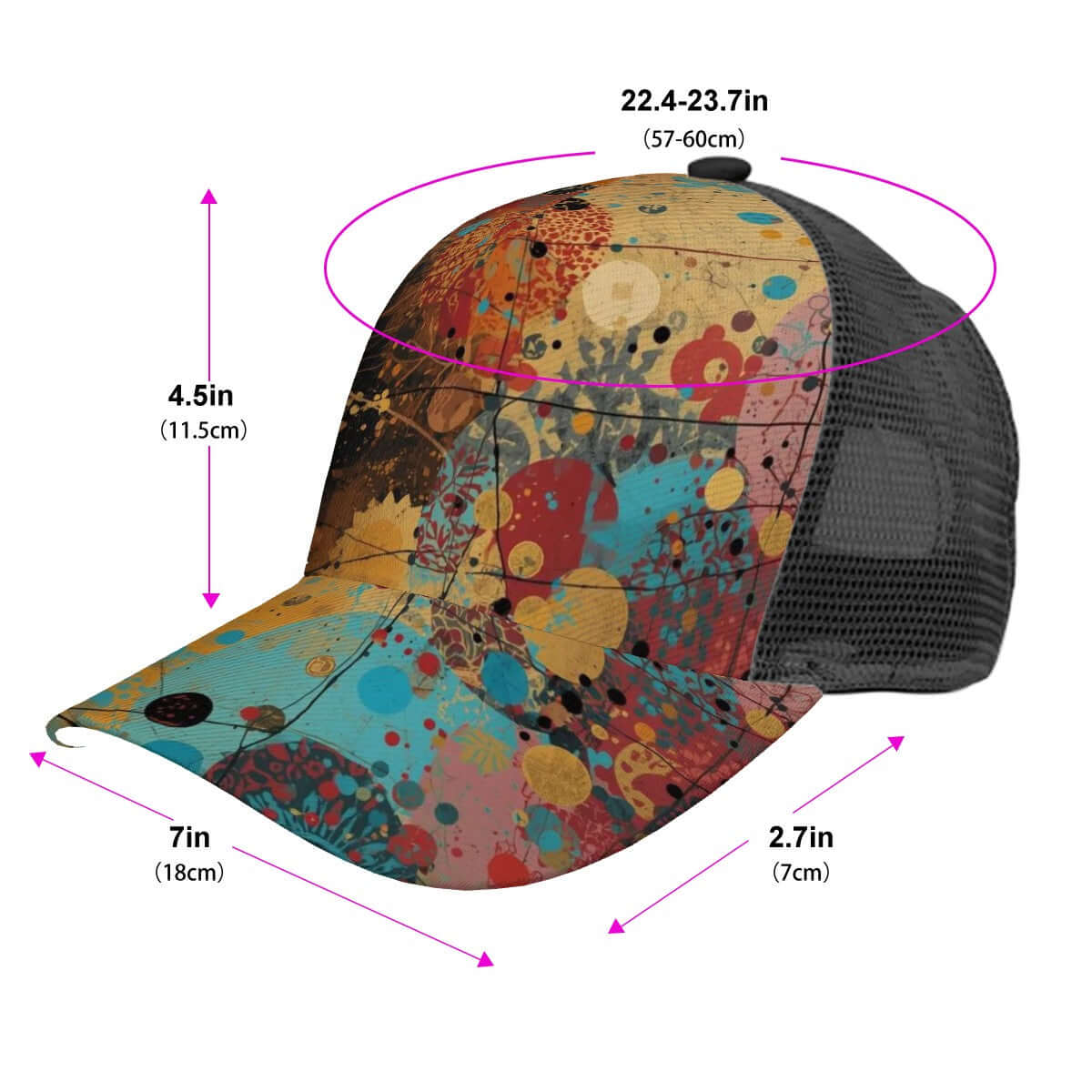 Baseballkappe mit Mesh-Einsatz in bunt bedrucktem Design, Maße: 22.4-23.7in (57-60cm) Kopfumfang, atmungsaktives Mesh-Hinterteil