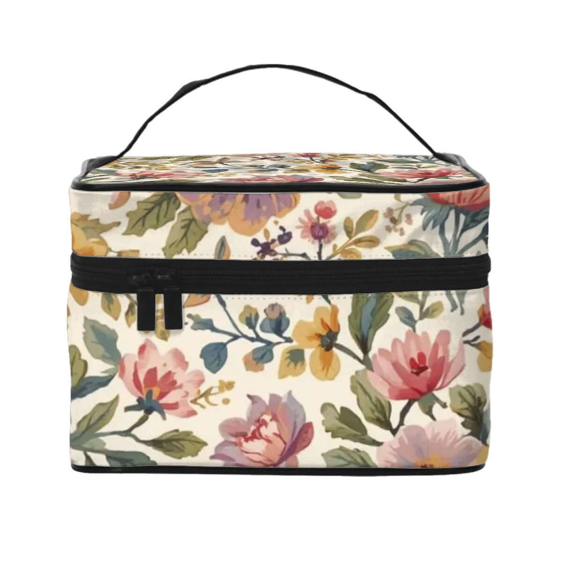 Blumige Tragbare Reise-Kosmetiktasche aus Polyester mit großem Stauraum, einseitigem Druck und stabilem Reißverschluss, Details für Tragbare Reise-Kosmetiktasche ansehen