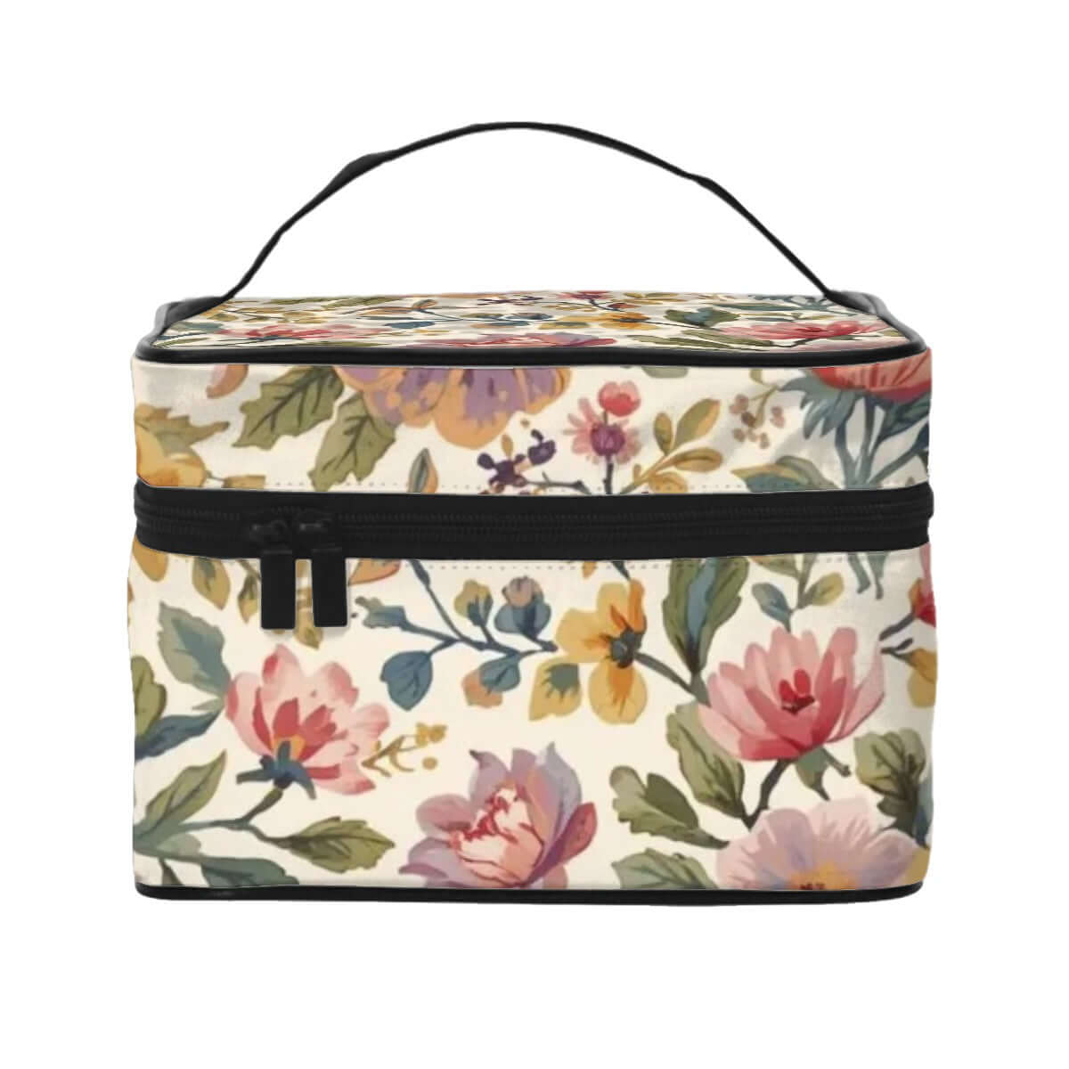 Blumige Tragbare Reise-Kosmetiktasche aus Polyester mit großem Stauraum, einseitigem Druck und stabilem Reißverschluss, Details für Tragbare Reise-Kosmetiktasche ansehen