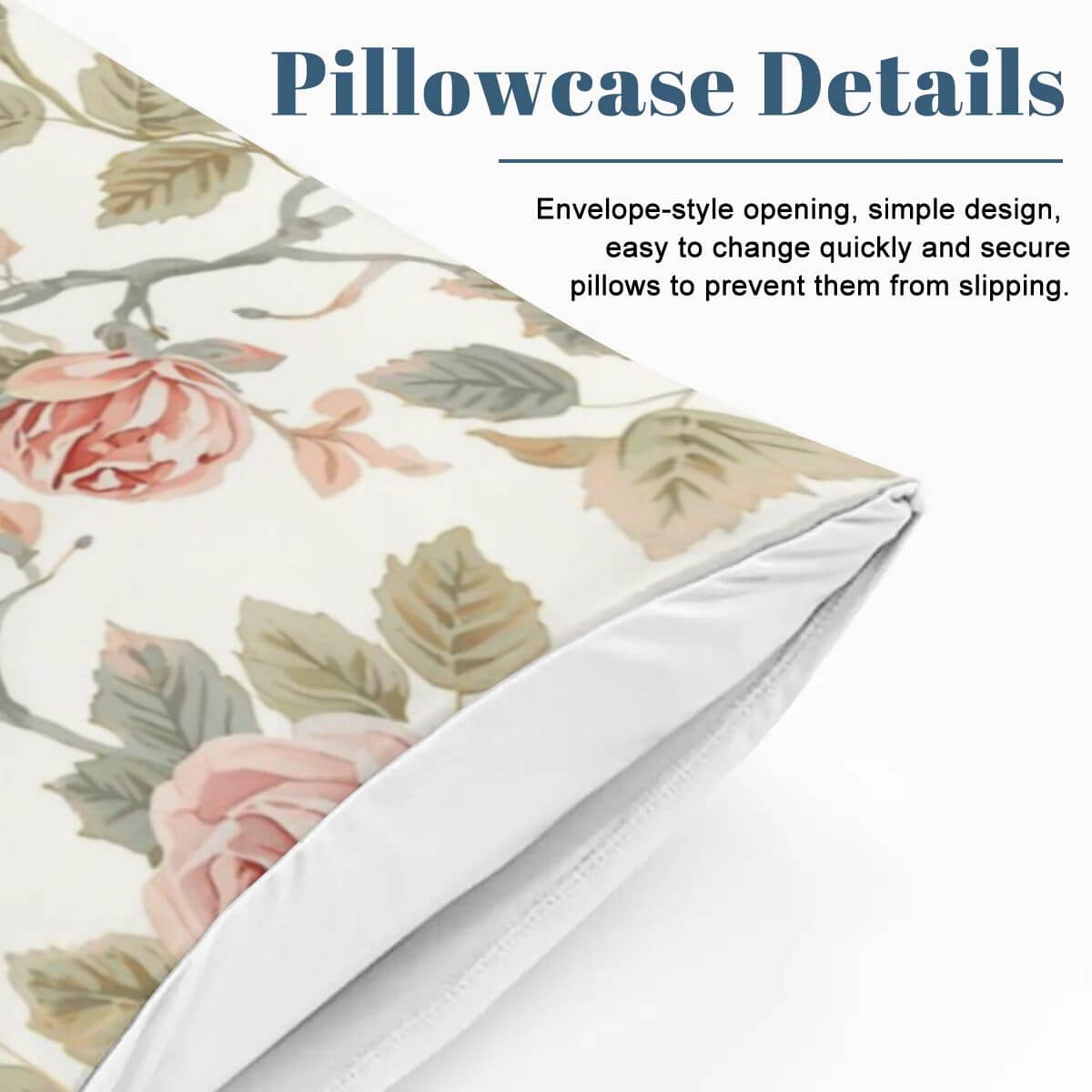 Komplettes Bettwäscheset mit Blumendesign, Nahaufnahme eines Kissenbezugs mit Umschlagöffnung, leicht zu wechseln