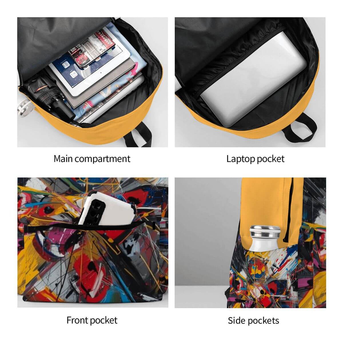 Geräumiger Oxford-Rucksack mit Seitentaschen, ideal für Laptops und Fronttaschennutzung, zeigt Hauptfächer und moderne Drucktechnik.