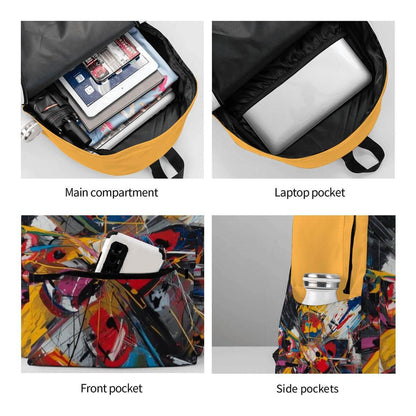 Geräumiger Oxford-Rucksack mit Seitentaschen, ideal für Laptops und Fronttaschennutzung, zeigt Hauptfächer und moderne Drucktechnik.