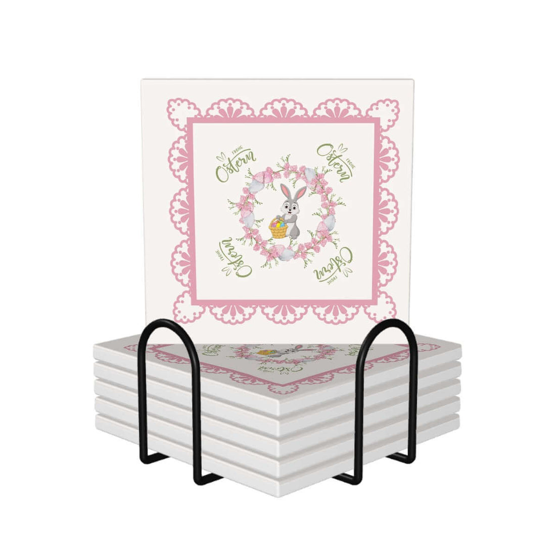 Quadratische Keramikuntersetzer, 6 Stück in Halter mit floralem Design, UV-Druck, 4"x4" Größe, ideal für stilvolle Tischdekoration.