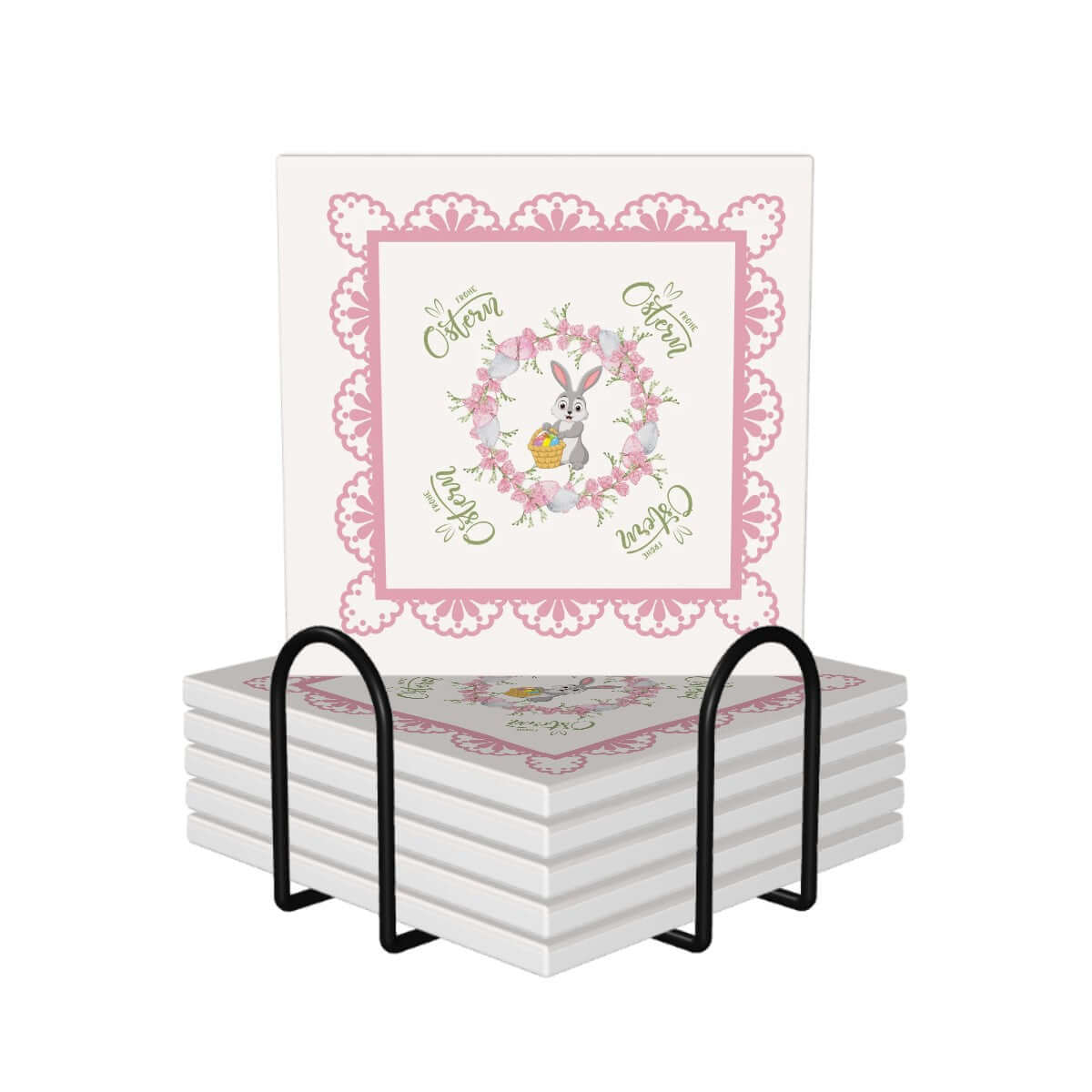 Quadratische Keramikuntersetzer, 6 Stück in Halter mit floralem Design, UV-Druck, 4"x4" Größe, ideal für stilvolle Tischdekoration.