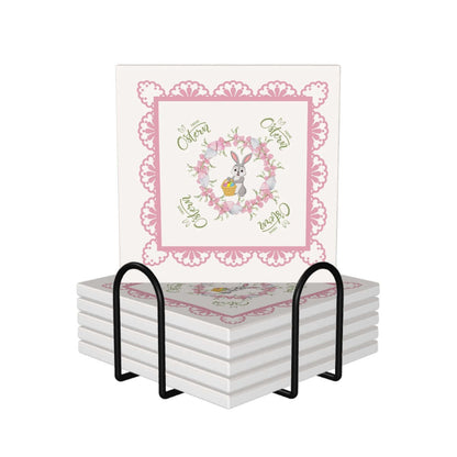 Quadratische Keramikuntersetzer, 6 Stück in Halter mit floralem Design, UV-Druck, 4"x4" Größe, ideal für stilvolle Tischdekoration.