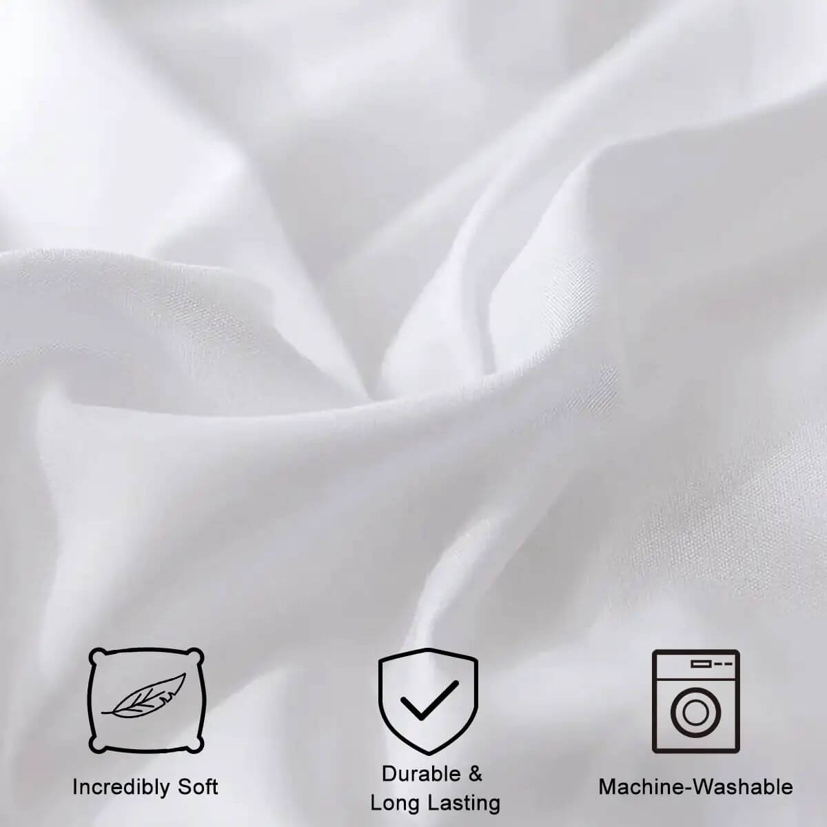 White Queen-Bettwäsche-Set fabric showing softness and durability, labeled as incredibly soft, durable, long-lasting, and machine-washable.