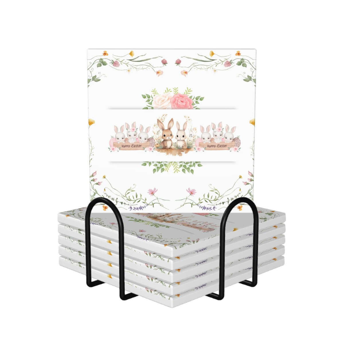 Quadratische Keramikuntersetzer, 6 Stück mit floralem und Hasen-Design in einem Halter, ideal für den Heimgebrauch, UV-Druck.