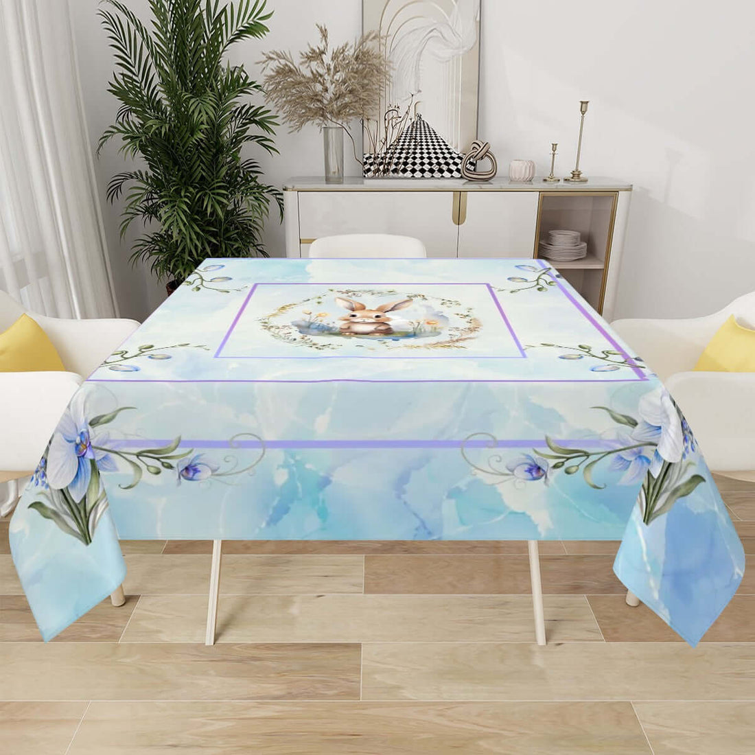 Quadratische Tischdecke Ostermotiv aus Polyester, 54x54 Zoll, wasserabweisend, dekorativer einseitiger Sublimationsdruck.