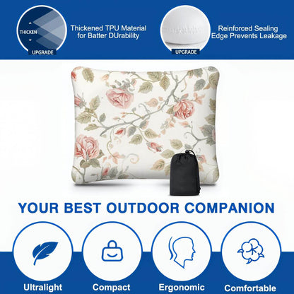 Aufblasbares Campingkissen mit floraler Musterdruck, ultraleicht, kompakt und ergonomisch, ideal für Outdoor-Abenteuer.