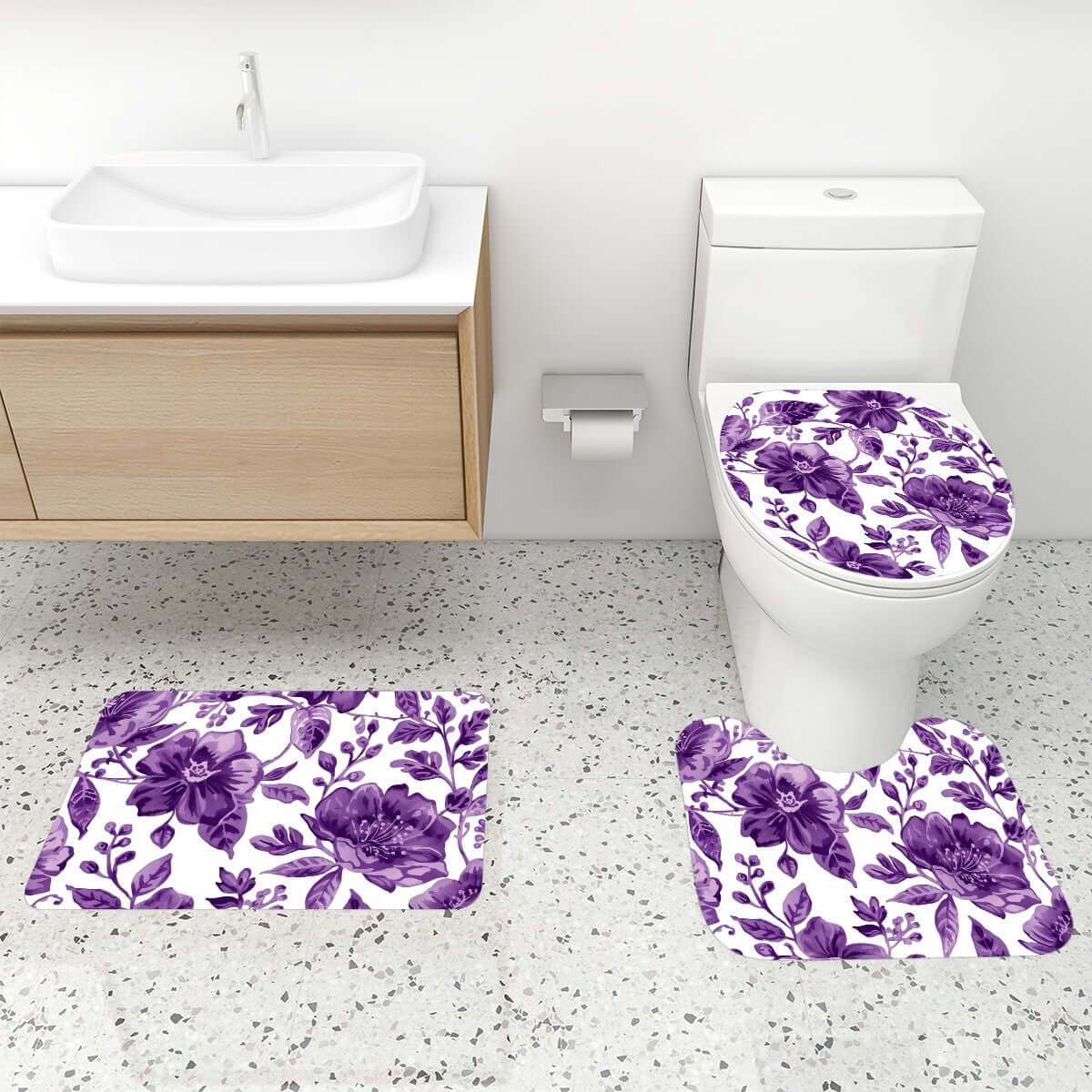 Badezimmerteppich-Set mit Duschvorhang, 4-teilig in lila Blumendesign mit Polyesterteppichen und Toilettensitzabdeckung auf Badezimmerboden