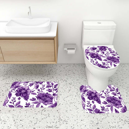 Badezimmerteppich-Set mit Duschvorhang, 4-teilig in lila Blumendesign mit Polyesterteppichen und Toilettensitzabdeckung auf Badezimmerboden