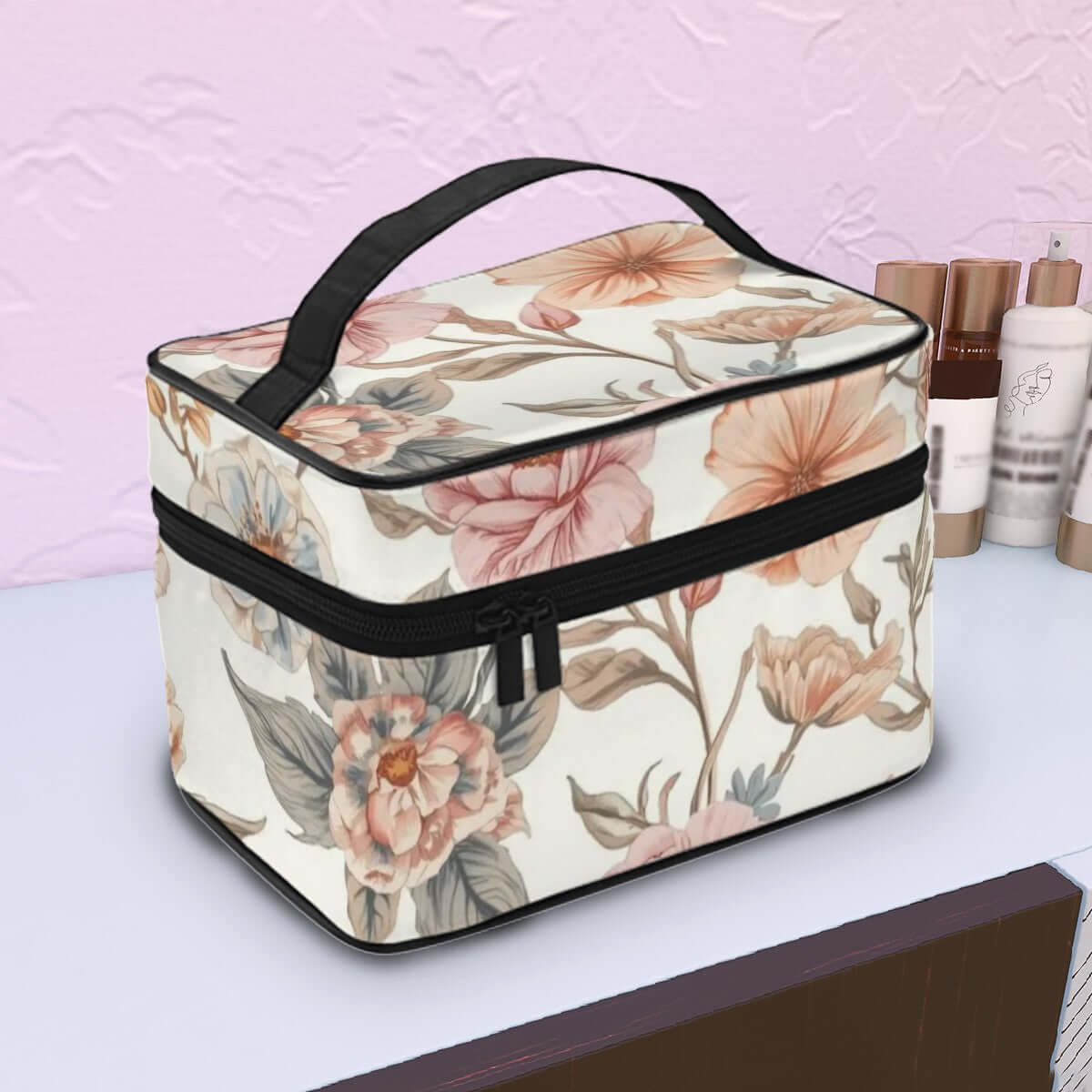 Tragbare Reise-Kosmetiktasche aus Polyester mit floralem Muster, ideal für Reisen. Details für Tragbare Reise-Kosmetiktasche ansehen.