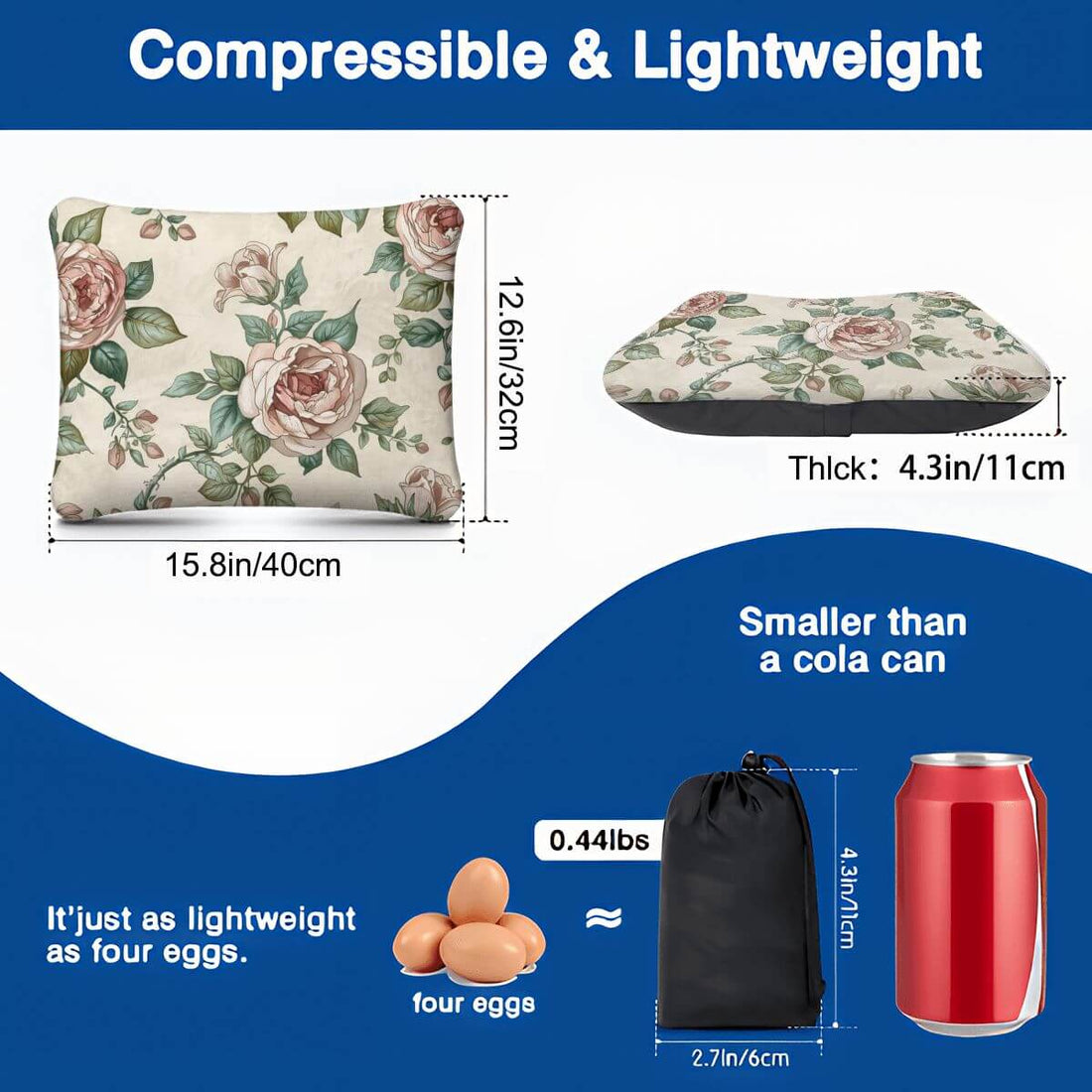 Aufblasbares Campingkissen in floralem Design, 15,8x12,6x4,3 Zoll, leichter als eine Coladose und so leicht wie vier Eier.