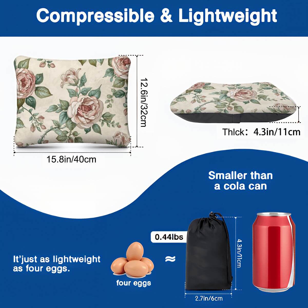 Aufblasbares Campingkissen in floralem Design, 15,8x12,6x4,3 Zoll, leichter als eine Coladose und so leicht wie vier Eier.