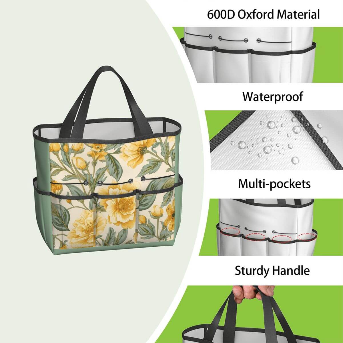 Gartengerätetasche aus 600D Oxford-Stoff mit floralem Design, wasserdicht, strapazierfähig, mehrere Taschen, stabiler Griff.