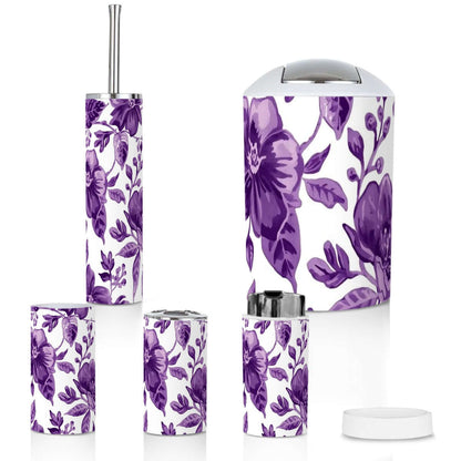 Badezimmer-Accessoires-Set, 5-teilig aus Plastik mit lila Blumenmuster, inklusive Zahnbürstenbecher und Zahnbürstenhalter.