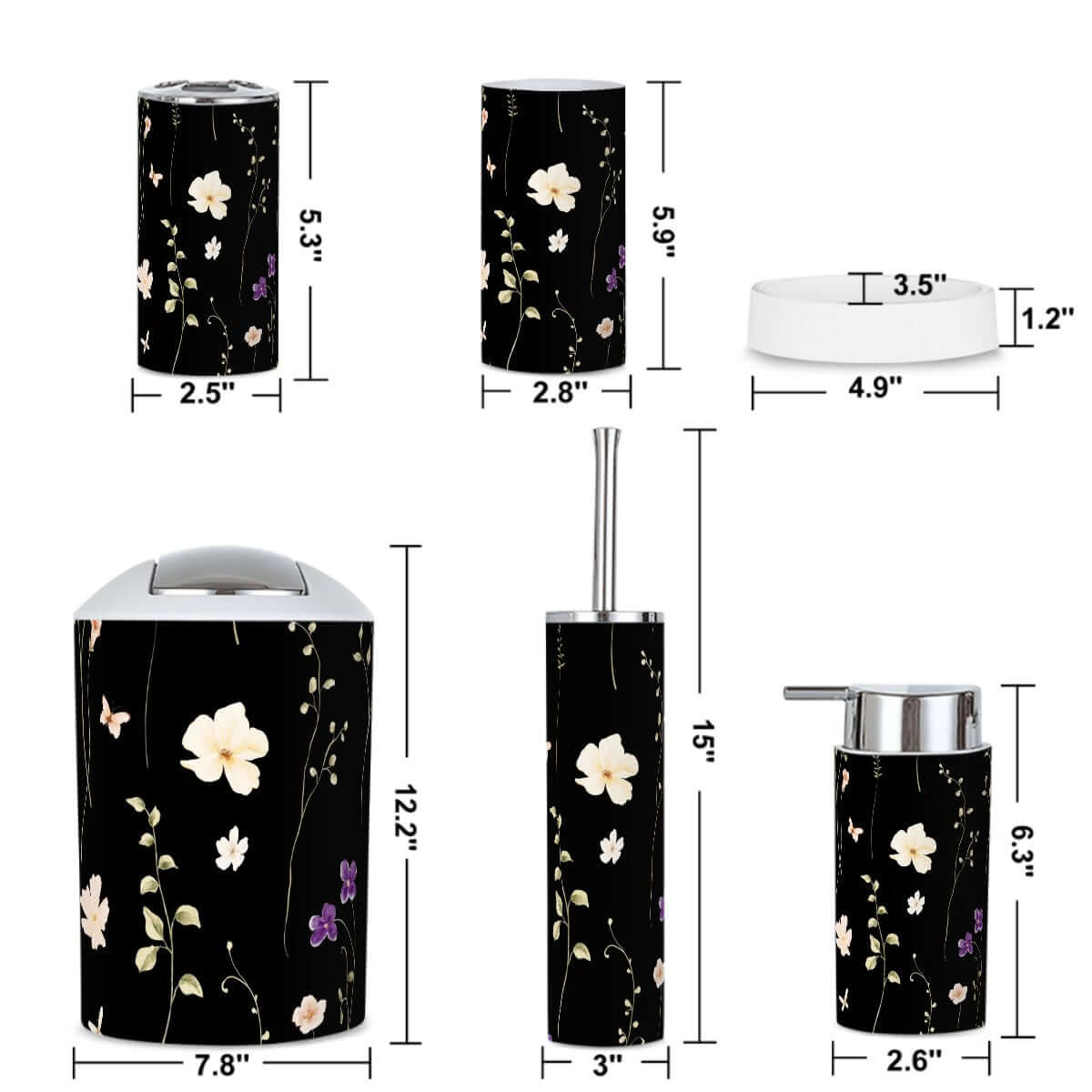 Badezimmer-Accessoires-Set, 5-teilig in schwarz mit Blumendesign, Maße der einzelnen Teile. Details für Badezimmer-Accessoires-Set, 5-teilig ansehen