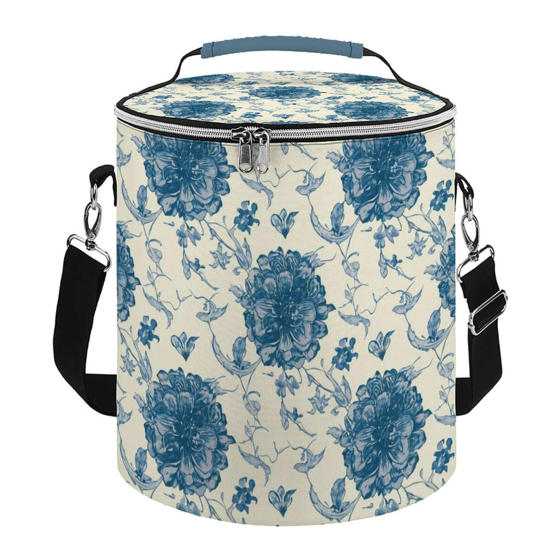 Camping-Kühltasche in Blauweiss mit Blumenmuster, tragbar und isoliert für Outdoor-Abenteuer.