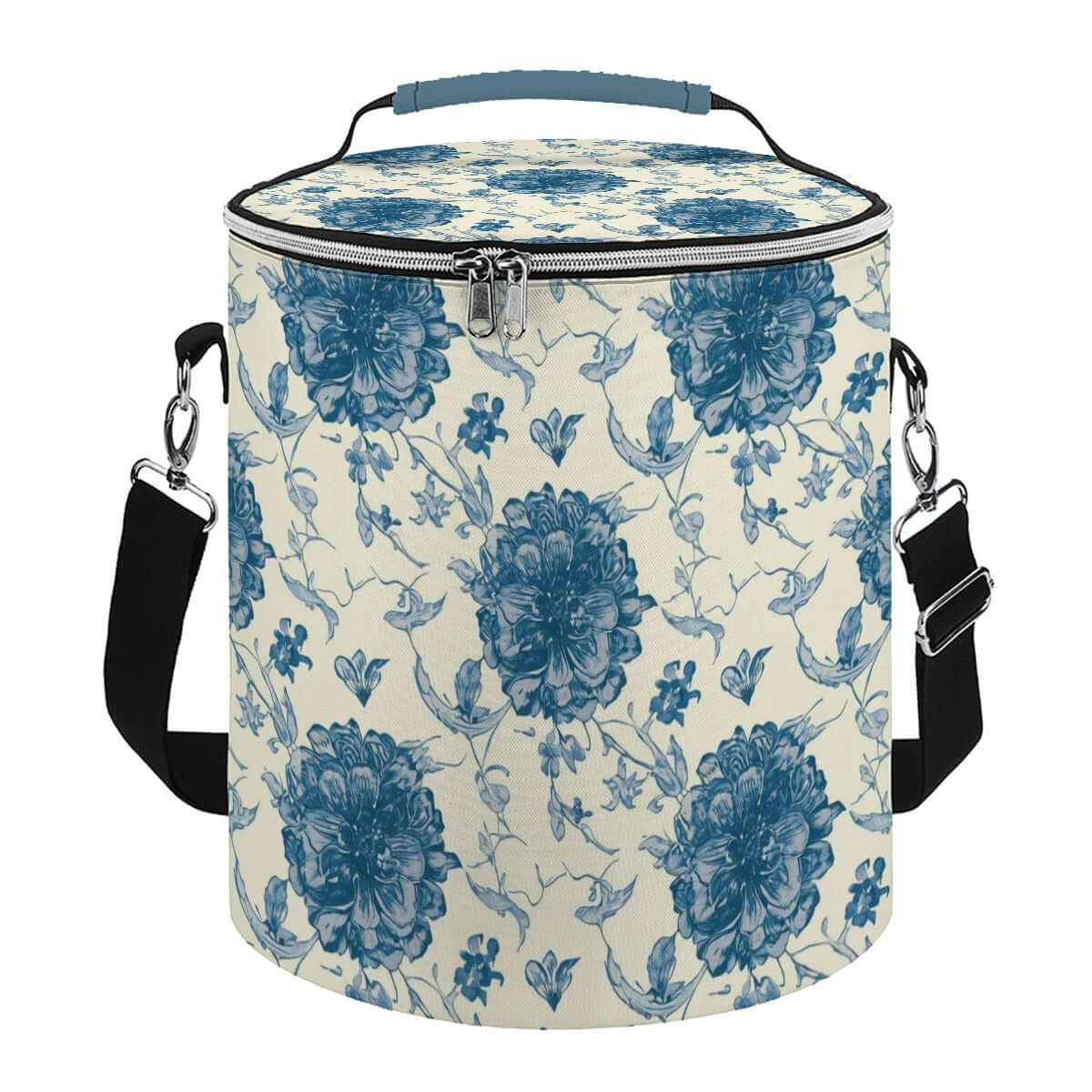 Camping-Kühltasche in Blauweiss mit Blumenmuster, tragbar und isoliert für Outdoor-Abenteuer.