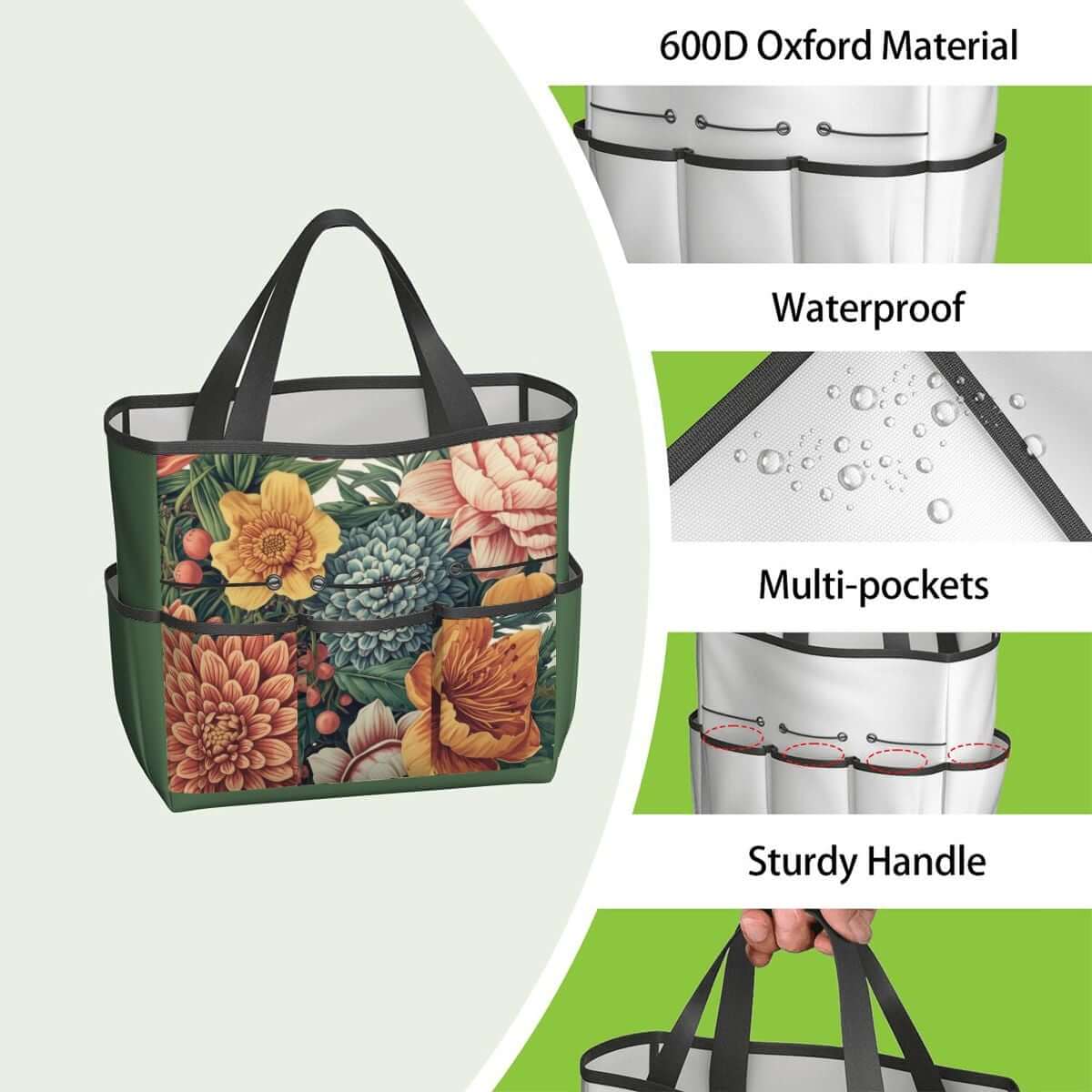 Gartengerätetasche aus 600D Oxford-Stoff, wasserdicht, mit mehreren Taschen, robustem Griff, ideal für Gartenwerkzeug-Aufbewahrung.