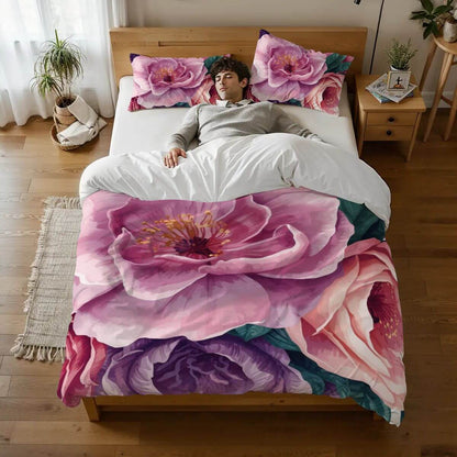 Komplettes Bettwäscheset mit Blumenmotiv, 90GSM Polyester, sublimierter Druck, Bettbezug 80x90, Kissenbezüge 30x20, Schlafzimmeransicht
