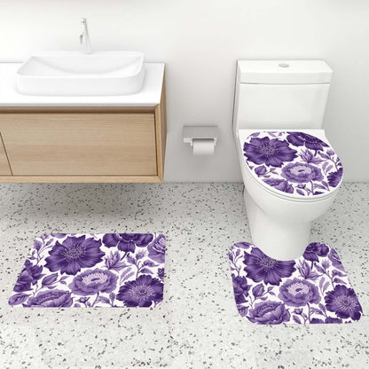 Video Badezimmerteppich-Set mit Duschvorhang, 4-teilig, lila Blumendesign, Polyester, passend für modernes Badezimmerdekor.