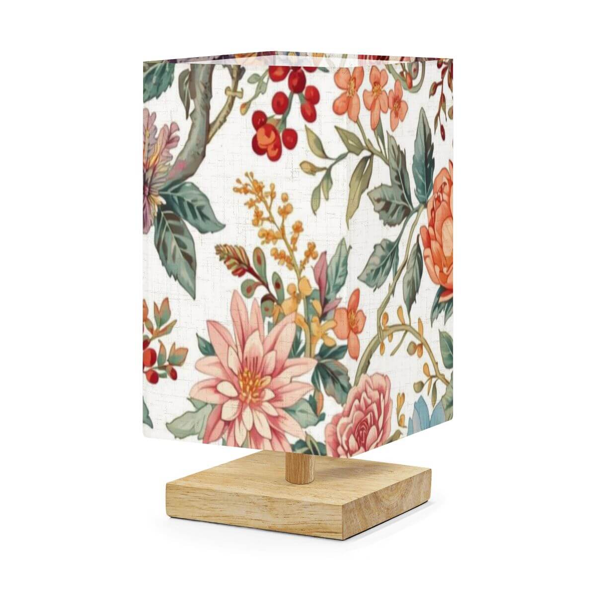 Quadratische Tischlampe aus Leinen und Gummiholz mit floralem Design, mildert Licht für gemütliches Ambiente, 5,5x5,5x11 Zoll.