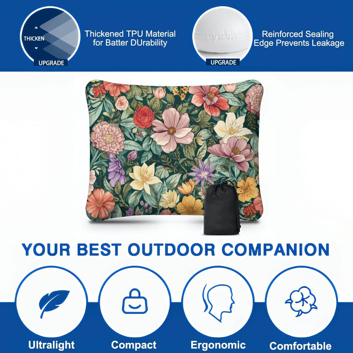 Aufblasbares Campingkissen mit Blumenmuster, faltbar, langlebiges TPU-Material, ergonomisch, ideal für Outdoor.