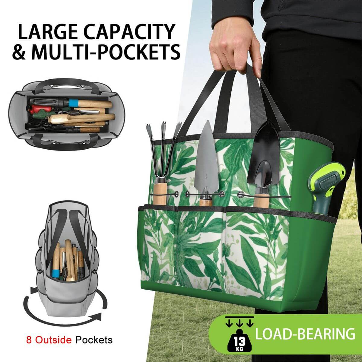 Gartengerätetasche mit großem Fassungsvermögen, Oxford-Stoff, mehrere Taschen, ideal für Werkzeuge, langlebig und wasserfest.