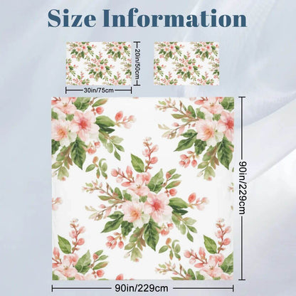 Queen-Bettwäsche-Set with floral design, showing size information for duvet cover and pillowcases, made from 90GSM Polyester.