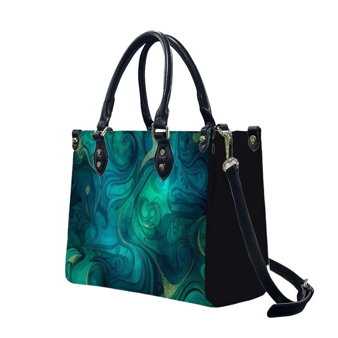 PU Tote Bag for Women with black handles and zipper, featuring vibrant blue-green pattern print, made of high-quality PU material, size medium.