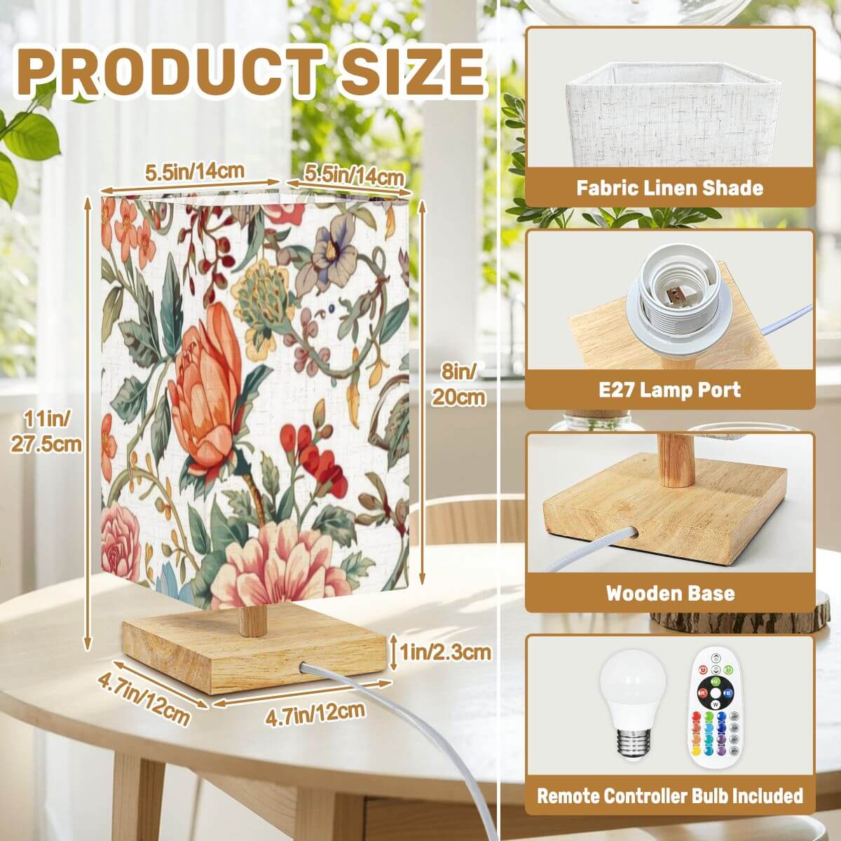 Bunte Quadratische Tischlampe mit Leinen-Lampenschirm und Gummiholzsockel, inklusive Fernbedienung, 5,5x5,5x11 Zoll, UV-Druckdesign.