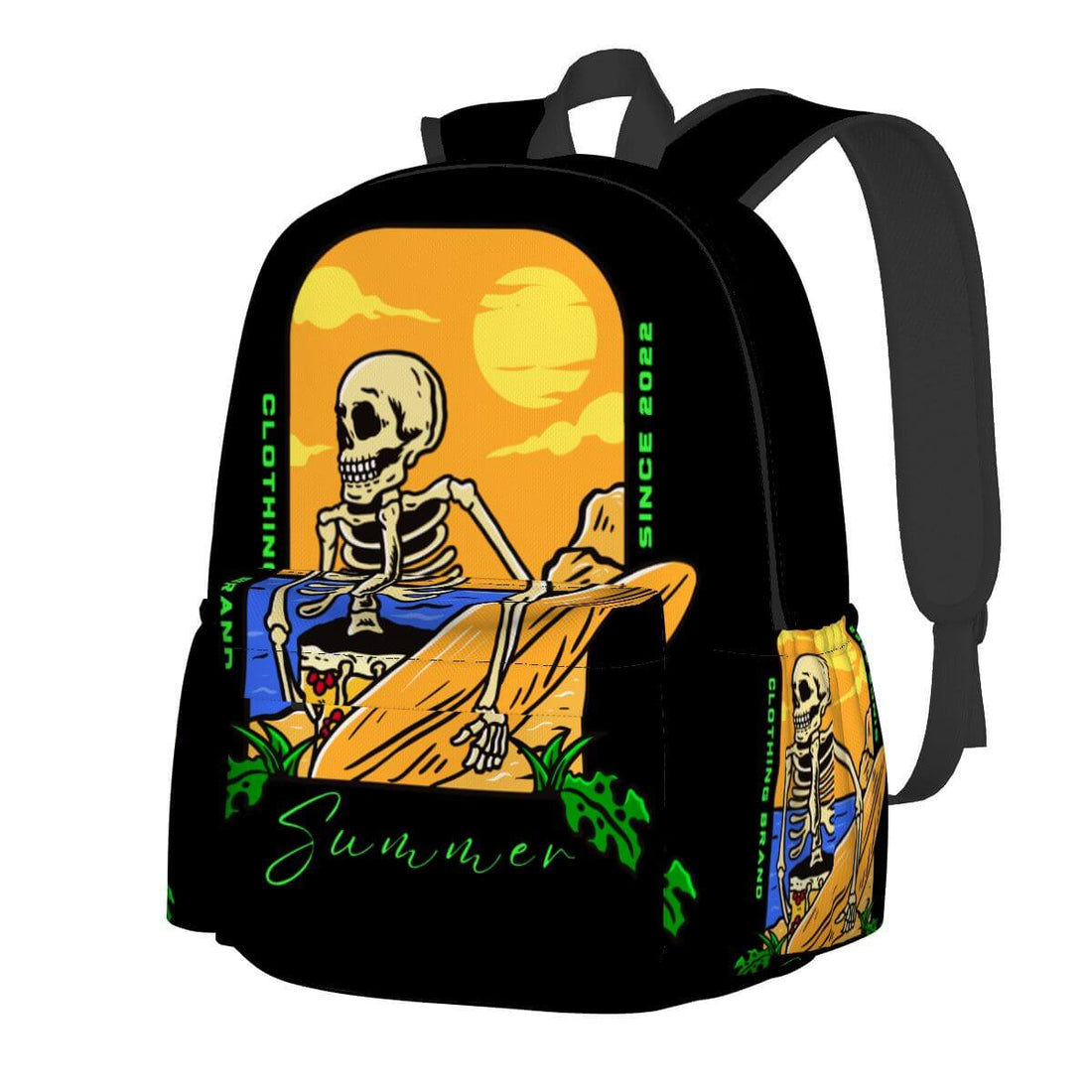 Geräumiger Oxford-Rucksack mit Seitentaschen und Skater-Skelett-Design, ideal für Sommerausflüge, hergestellt aus hochwertigem Polyester.