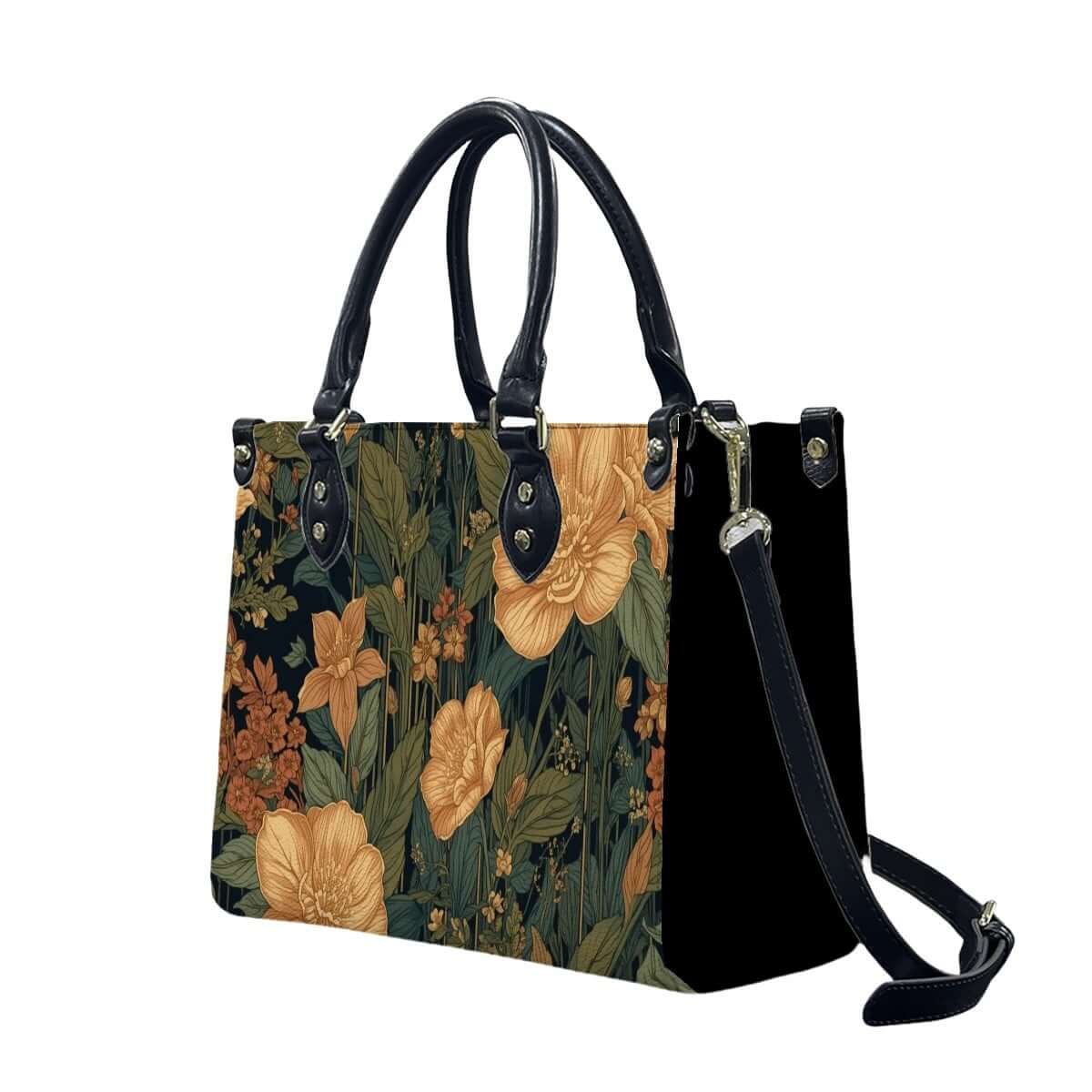 PU-Tragetasche für Damen aus hochwertigem PU-Material, mit floralem Muster und schwarzen Griffen, zeigt elegantes Design und UV-Druck.