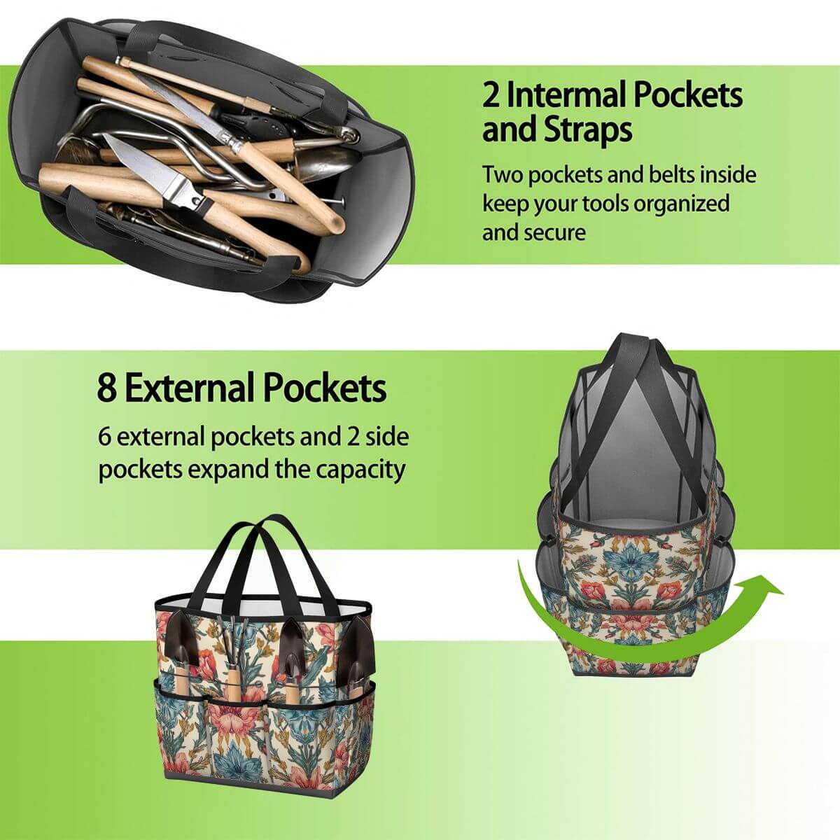 Gartengerätetasche mit 2 Innentaschen und 8 Außentaschen, hergestellt aus Oxford-Stoff, ideal für organisierte Werkzeugaufbewahrung.