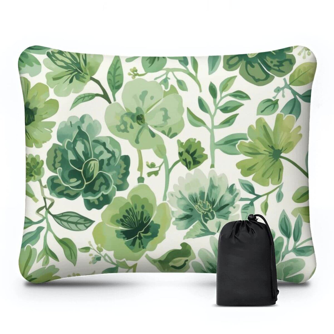 Aufblasbares Campingkissen mit floralem Design in Grün und praktischem Transportbeutel, leicht und bequem für unterwegs.