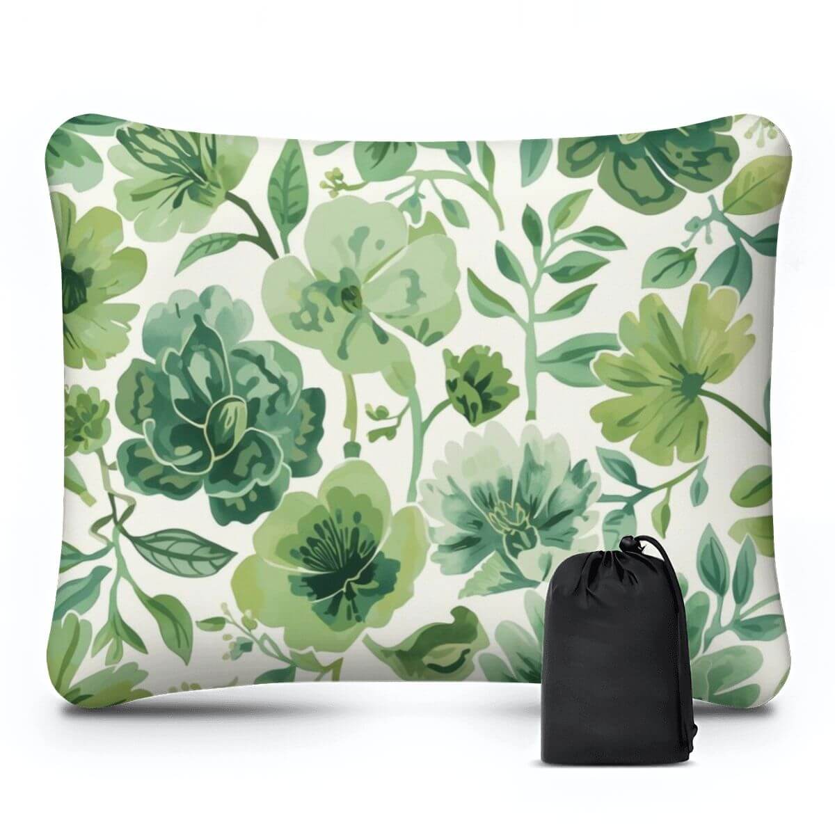Aufblasbares Campingkissen mit floralem Design in Grün und praktischem Transportbeutel, leicht und bequem für unterwegs.