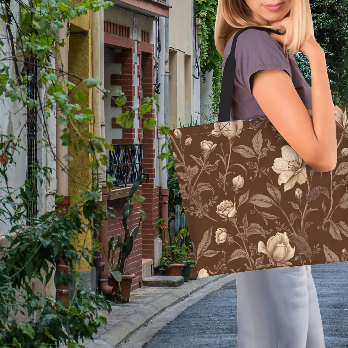Frau trägt große Schultertasche mit Blumenmuster, geeignet als modisches Accessoire. Große Schultertasche 100 % Polyester, ideal für den Alltag.