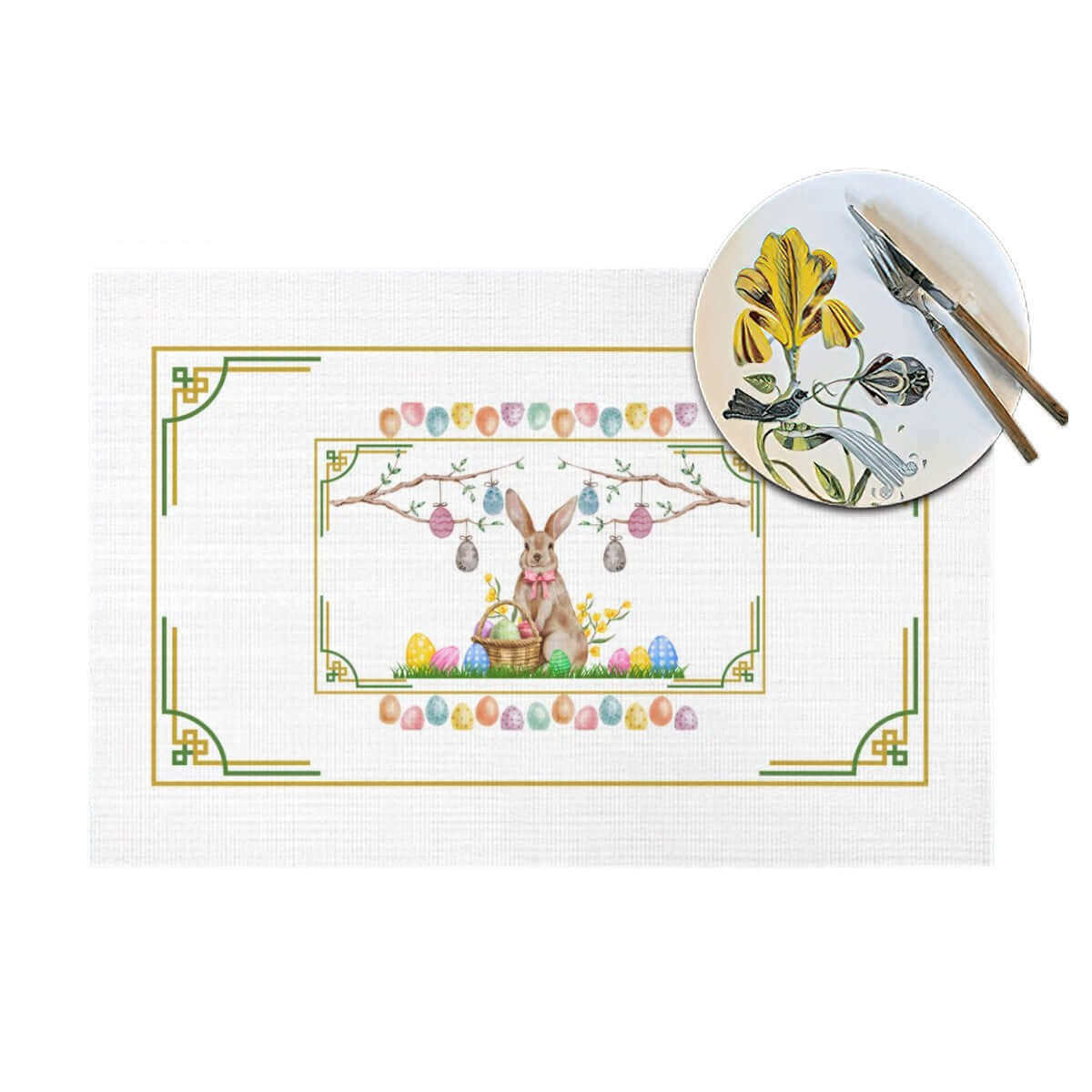 Tischset aus gewebtem PVC mit Osterhasendesign, 70 % PVC + 30 % Polyester, hitzebeständig bis 80 °C, rutschfest und kratzfest.