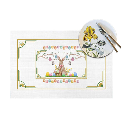 Tischset aus gewebtem PVC mit Osterhasendesign, 70 % PVC + 30 % Polyester, hitzebeständig bis 80 °C, rutschfest und kratzfest.