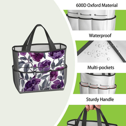 Gartengerätetasche (Werkzeuge nicht enthalten) aus wasserdichtem Oxford-Stoff mit Blumendesign und mehreren Taschen für große Kapazität.