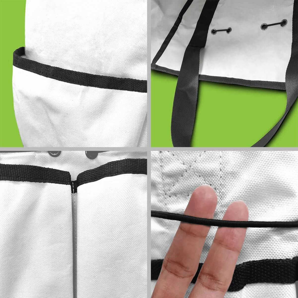 Detailansicht der Gartengerätetasche aus Oxford-Stoff mit verstärkten Nähten und mehreren Taschen für optimale Aufbewahrung.