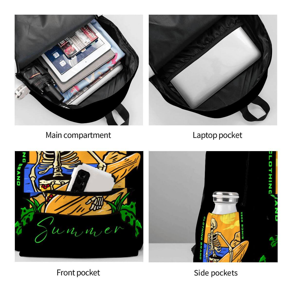 Geräumiger Oxford-Rucksack mit Seitentaschen, Hauptfach und Laptopfach für vielseitige Aufbewahrung im Sommerdesign.