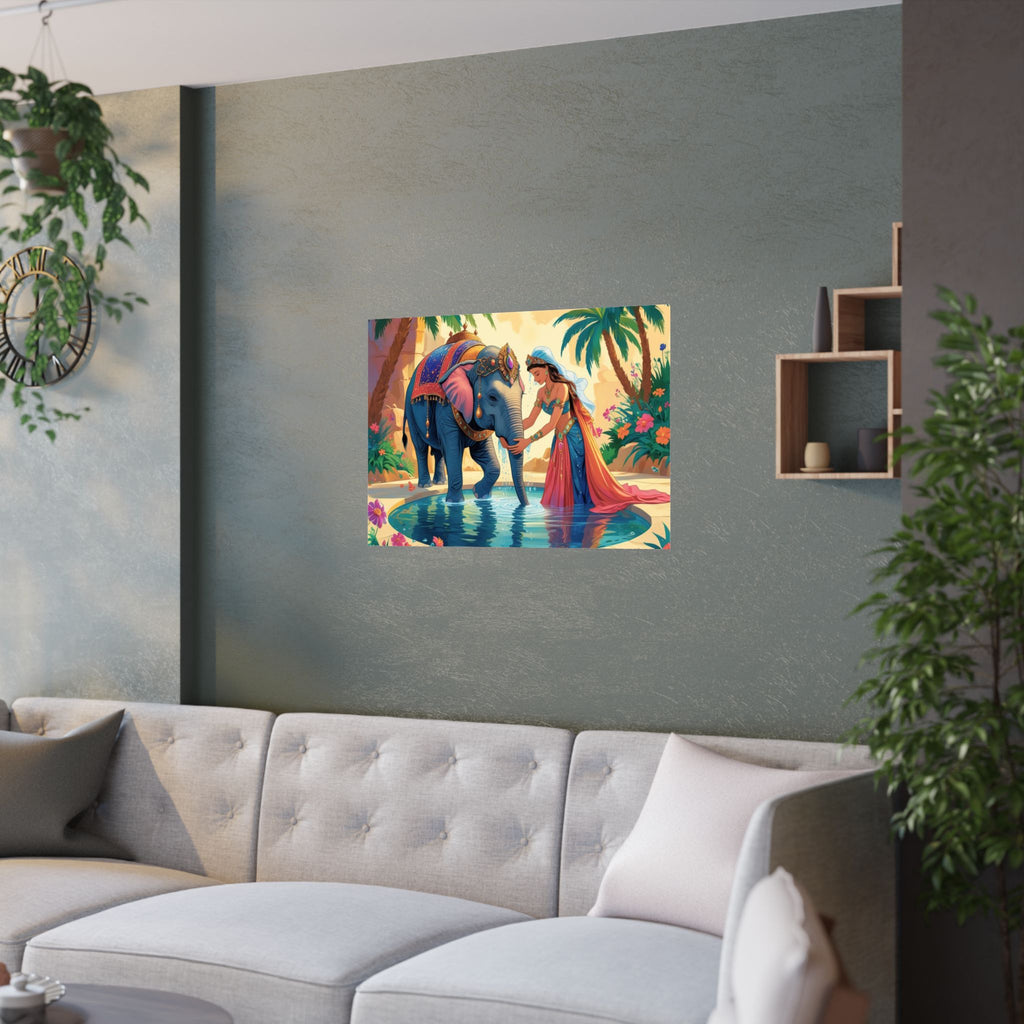 Elefant Oasis Satin Poster, Exotische Wandkunst, Tropisches Wohndekor hängt über das Sofa
