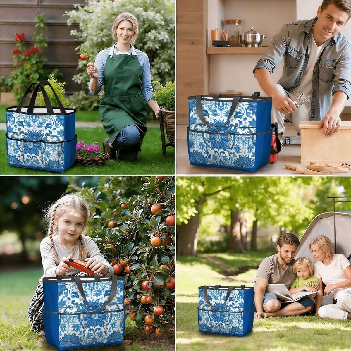 Gartengerätetasche in action in garden and home settings, showcasing large capacity, durability, and multiple pocket design.