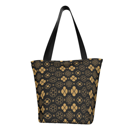 Schultertasche zum Einkaufen für Damen aus Polyester, 11x7x13 Zoll mit elegantem Muster in Schwarz und Gold. Perfekt für Alltag und Shopping.